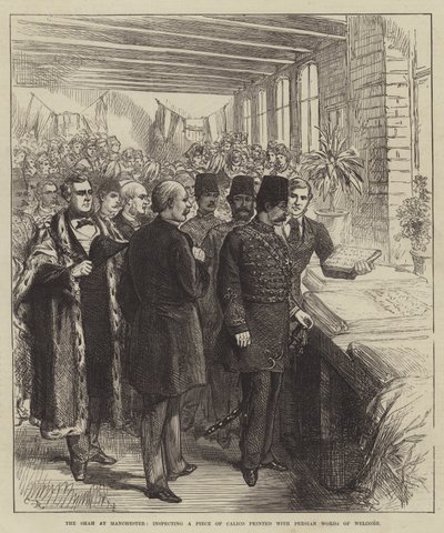Lo Scià a Manchester, ispezionando un pezzo di calicò stampato con parole persiane di benvenuto da Sir John Charles Robinson